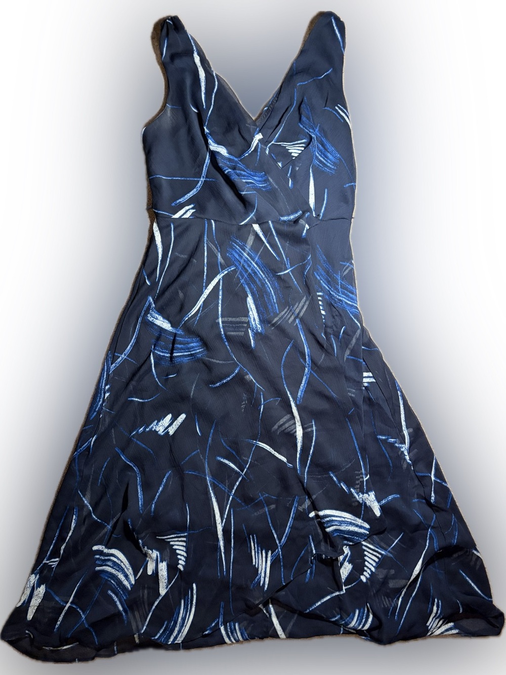 DKNY Navy Blue V-Neck Printed A-Line Dress